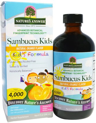 Sambucus Kids Formula, Natural Orange Flavor, 4.000 mg, 8 fl oz (240 ml) by Natures Answer, 兒童健康，兒童草藥 HK 香港