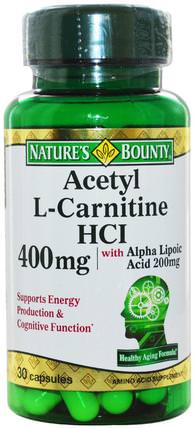 Acetyl L-Carnitine HCI, 400 mg, 30 Capsules by Natures Bounty, 補充劑，氨基酸，左旋肉鹼，乙酰基左旋肉鹼+α硫辛酸 HK 香港