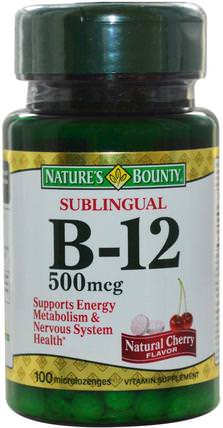 B-12, Sublingual, Natural Cherry Flavor, 500 mcg, 100 Microlozenges by Natures Bounty, 維生素，維生素b，維生素b12，維生素b12 - cyanocobalamin HK 香港