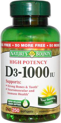 D3, High Potency, 1000 IU, 250 Rapid Release Softgels by Natures Bounty, 維生素，維生素D3 HK 香港