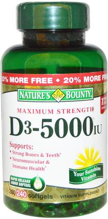 D3, Maximum Strength, 5000 IU, 240 Rapid Release Softgels by Natures Bounty, 維生素，維生素D3 HK 香港