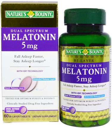 Dual Spectrum, Melatonin, 5 mg, 60 Bi-Layer Tablets by Natures Bounty, 補充劑，褪黑激素5毫克 HK 香港