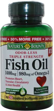 Odor-Less Fish Oil, Triple Strength, 1400 mg, 39 Coated Softgels by Natures Bounty, 補充劑，efa omega 3 6 9（epa dha），魚油，魚油軟膠囊 HK 香港