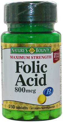 Folic Acid, Maximum Strength, 800 mcg, 250 Tablets by Natures Bounty, 維生素，葉酸 HK 香港