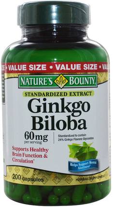 Ginkgo Biloba, 60 mg, 200 Capsules by Natures Bounty, 草藥，銀杏葉 HK 香港