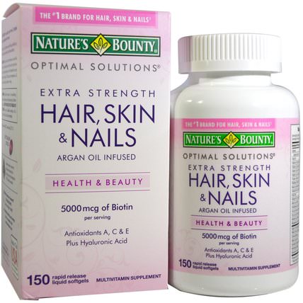 Optimal Solutions, Hair, Skin & Nails, Extra Strength, 150 Rapid Release Liquid Softgels by Natures Bounty, 沐浴，美容，頭髮稀疏和再生，婦女，頭髮補充劑，指甲補充劑，皮膚補充劑 HK 香港