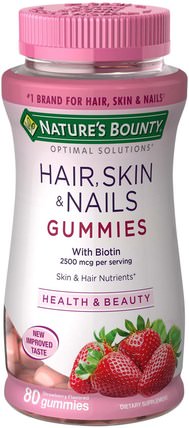 Optimal Solutions, Hair, Skin & Nails Gummies, Strawberry Flavored, 80 Gummies by Natures Bounty, 沐浴，美容，頭髮稀疏和再生，熱敏感產品 HK 香港