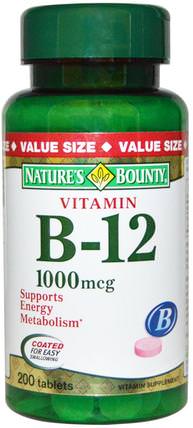 Vitamin B-12, 1000 mcg, 200 Coated Tablets by Natures Bounty, 維生素，維生素b，維生素b12，維生素b12 - cyanocobalamin HK 香港