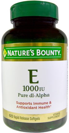 Vitamin E, Pure Dl-Alpha, 1000 IU, 60 Rapid Release Softgels by Natures Bounty, 維生素，維生素e HK 香港
