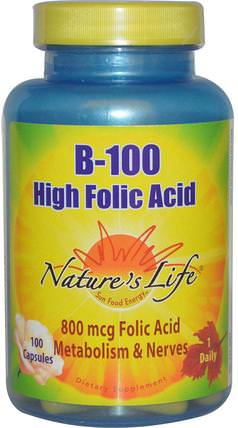 B-100, High Folic Acid, 100 Capsules by Natures Life, 維生素，維生素b複合物，維生素b複合物100 HK 香港