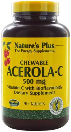 Chewable Acerola-C, Vitamin C with Bioflavonoids, 500 mg, 90 Tablets by Natures Plus, 維生素，維生素C，維生素C咀嚼片，維生素C acerola HK 香港