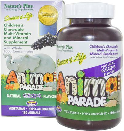 Childrens Chewable Multi-Vitamin and Mineral Supplement, Natural Grape Flavor, 180 Animals by Natures Plus, 維生素，多種維生素，兒童多種維生素 HK 香港