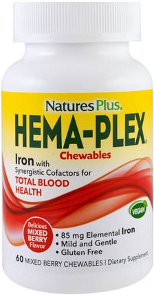 Hema-Plex, Mixed Berry, 60 Chewables by Natures Plus, 補品，礦物質，鐵 HK 香港