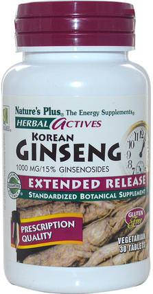 Herbal Actives, Korean Ginseng, Extended Release, 1000 mg, 30 Tablets by Natures Plus, 補充劑，adaptogen HK 香港