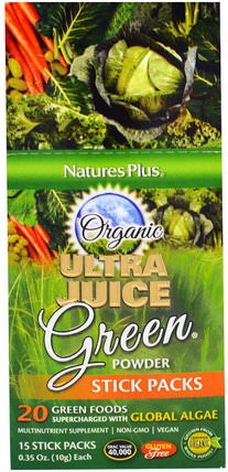 Organic Ultra Juice Green Powder Stick Packs, 15 Stick Packs, 0.35 oz (10 g) Each by Natures Plus, 補充劑，單份包 HK 香港