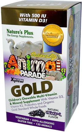 Source of Life Animal Parade, Gold, Childrens Chewable Multi-Vitamin & Mineral Supplement, Natural Grape Flavor, 120 Animals by Natures Plus, 維生素，多種維生素，兒童多種維生素 HK 香港