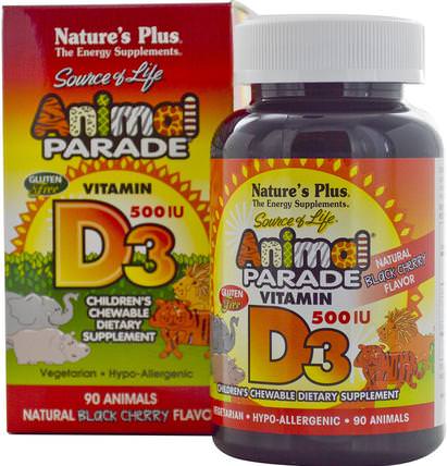 Source of Life, Animal Parade, Vitamin D3, Natural Black Cherry Flavor, 500 IU, 90 Animals by Natures Plus, 維生素，維生素D3，維生素a和d HK 香港