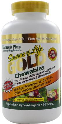 Source of Life, Gold Chewables, Delicious Tropical Fruit Flavor, 90 Tablets by Natures Plus, 維生素，多種維生素 HK 香港