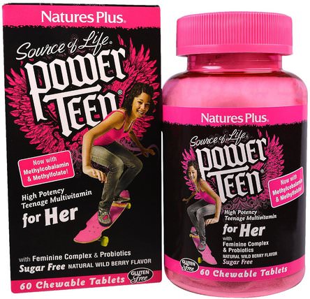 Source of Life, Power Teen, For Her, Natural Wild Berry Flavor, 60 Chewable Tablets by Natures Plus, 維生素，多種維生素，兒童多種維生素 HK 香港