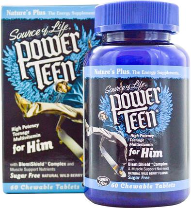 Source of Life, Power Teen, For Him, Sugar Free, Natural Wild Berry Flavor, 60 Chewable Tablets by Natures Plus, 維生素，多種維生素，兒童多種維生素，健康，男性 HK 香港