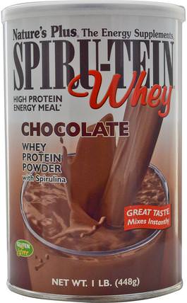 Spiru-Tein Whey, High Protein Energy Meal, Chocolate, 1 lb. (448 g) by Natures Plus, 補充劑，蛋白質 HK 香港