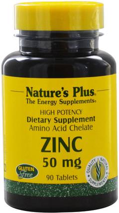 Zinc, 50 mg, 90 Tablets by Natures Plus, 補品，礦物質，鋅 HK 香港
