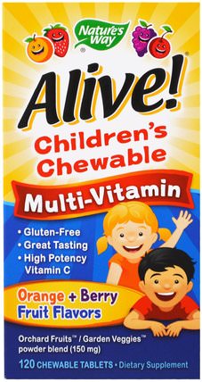 Alive! Childrens Chewable Multi-Vitamin, Orange, Berry Fruit Flavors, 120 Chewable Tablets by Natures Way, 維生素，兒童多種維生素 HK 香港