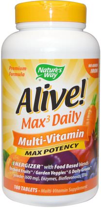Alive! Max Potency, Multi-Vitamin, No Added Iron, 180 Tablets by Natures Way, 維生素，多種維生素 HK 香港