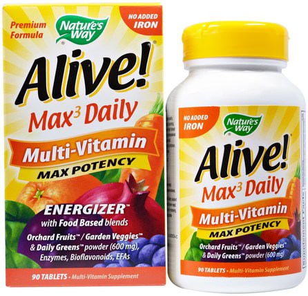 Alive! Max3 Daily Multi-Vitamin, No Iron Added, 90 Tablets by Natures Way, 維生素，多種維生素 HK 香港
