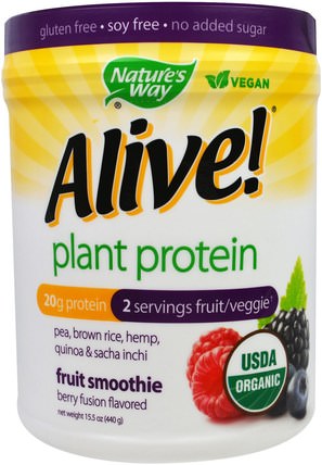 Alive, Organic Plant Protein, Fruit Smoothie, Berry Fusion Flavored, 15.5 oz (440 g) by Natures Way, 補充劑，蛋白質 HK 香港