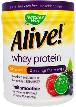Alive! Whey Protein, Berry Creme Flavored, 13.7 oz (390 g) by Natures Way, 運動，補品，乳清蛋白 HK 香港