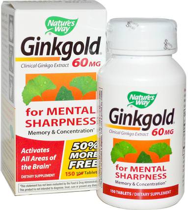 Ginkgold, Memory & Concentration, 60 mg, 150 Tablets by Natures Way, 補品，草藥 HK 香港