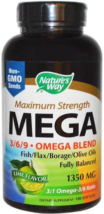 Maximum Strength Mega 3/6/9, Omega Blend, Lime Flavor, 1350 mg, 180 Softgels by Natures Way, 補充劑，efa omega 3 6 9（epa dha） HK 香港