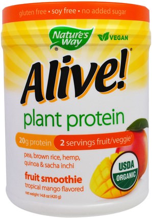 Organic Alive! Plant Protein, Tropical Mango Flavored, 14.8 oz (420 g) by Natures Way, 補充劑，蛋白質 HK 香港