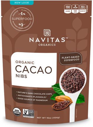 Organic Cacao Nibs, 16 oz (454 g) by Navitas Organics, 食物，可可（可可）巧克力 HK 香港