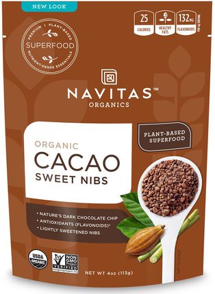 Organic Cacao Sweet Nibs, 4 oz (113 g) by Navitas Organics, 食物，可可（可可）巧克力 HK 香港