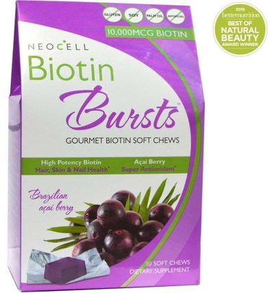 Biotin Bursts, Brazilian Acai Berry, 30 Soft Chews by Neocell, 維生素，維生素B，生物素，健康，女性，頭髮補充劑，指甲補充劑，皮膚補充劑 HK 香港