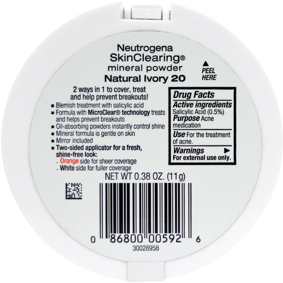 neutrogena痤瘡，面部護理 - Neutrogena, SkinClearing Mineral Powder, Natural Ivory 20, 0.38 oz (11 g)