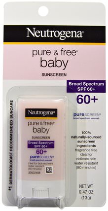 Pure & Free Baby Sunscreen, SPF 60+, 0.47 oz (13 g) by Neutrogena, 洗澡，美容，防曬霜，spf 50-75，兒童和嬰兒防曬霜 HK 香港
