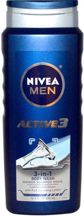 Men, 3-in-1 Body Wash, Active 3, 16.9 fl oz (500 ml) by Nivea, 洗澡，美容，頭髮，頭皮，男士護髮，洗髮水，護髮素 HK 香港