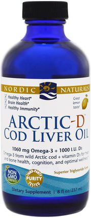 Arctic-D Cod Liver Oil, Lemon, 8 fl oz (237 ml) by Nordic Naturals, 補充劑，efa omega 3 6 9（epa dha），魚肝油，魚肝油液，維生素，維生素d3液 HK 香港