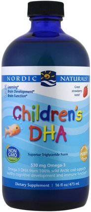 Childrens DHA, Strawberry, 16 fl oz (473 ml) by Nordic Naturals, 補充劑，efa omega 3 6 9（epa dha），dha，兒童健康，補充兒童 HK 香港