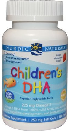 Childrens DHA, Strawberry, 250 mg, 180 Soft Gels by Nordic Naturals, 兒童健康，補充兒童 HK 香港