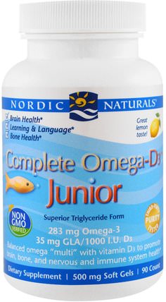 Complete Omega-D3 Junior, Lemon, 500 mg, 90 Soft Gels by Nordic Naturals, 維生素，維生素D3，兒童補品 HK 香港