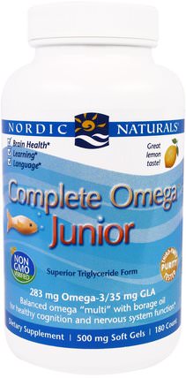 Complete Omega Junior, Lemon, 500 mg, 180 Soft Gels by Nordic Naturals, 兒童健康，補充兒童 HK 香港