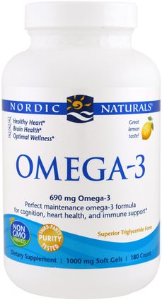 Omega-3, Lemon, 1.000 mg, 180 Soft Gels by Nordic Naturals, 健康 HK 香港