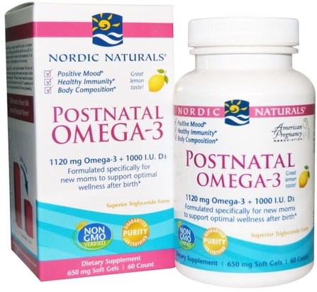 Postnatal Omega-3, Lemon Flavor, 650 mg, 60 Soft Gels by Nordic Naturals, 健康，懷孕 HK 香港