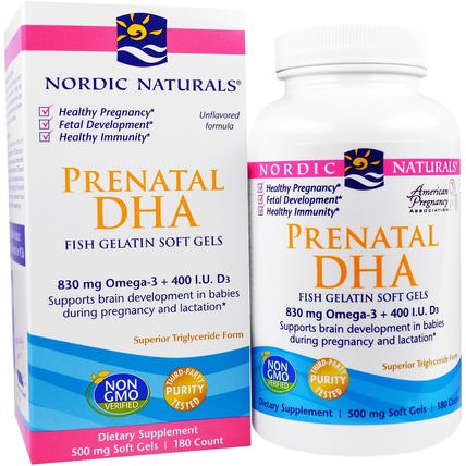 Prenatal DHA, Fish Gelatin, Unflavored, 500 mg, 180 Soft Gels by Nordic Naturals, 健康，懷孕 HK 香港