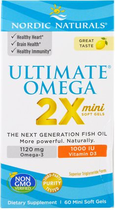 Ultimate Omega 2X, 60 Mini Soft Gels by Nordic Naturals, 補充劑，efa omega 3 6 9（epa dha），魚油 HK 香港