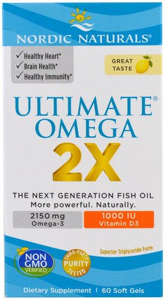 Ultimate Omega 2X, Lemon, 60 Soft Gels by Nordic Naturals, 補充劑，efa omega 3 6 9（epa dha），魚油 HK 香港